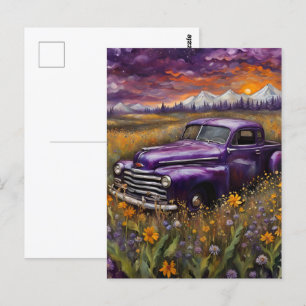 Fantasy Retro Lila Fahrzeug in einer Berglandschaf Postkarte