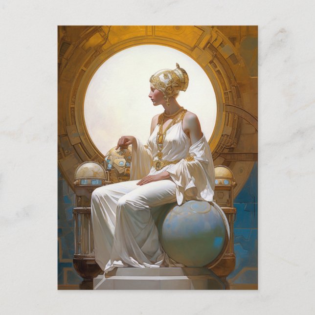 Fantasy Retrofuturistische Kunst sitzende Königin Postkarte (Vorderseite)