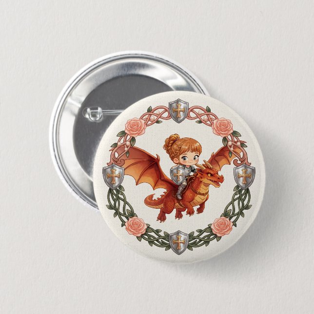 Fantasy-Ritterprinzessin und Drache Ästhetik-Kunst Button (Vorne & Hinten)