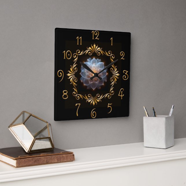 Fantasy Romantische Blume und Goldrahmen Quadratische Wanduhr (Büro)