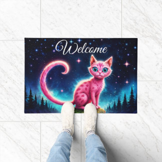 Fantasy-Rosa-Katze in magisch sterndem Nachtwald Fußmatte