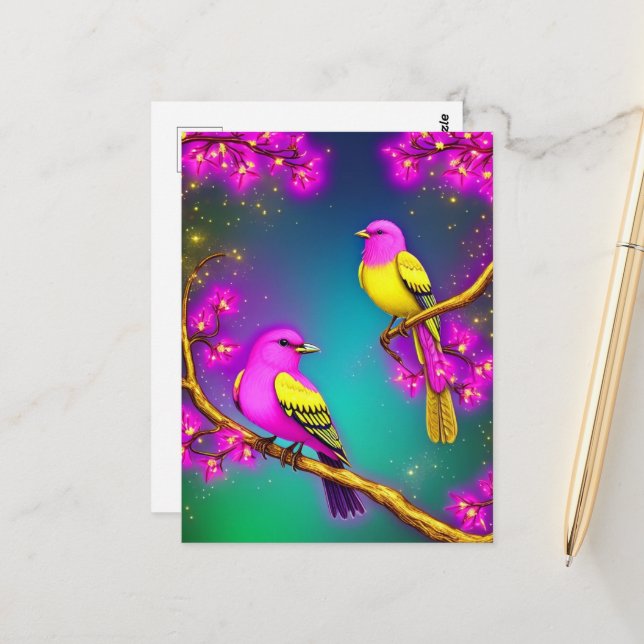 Fantasy Rosa und Gelbe Vögel auf einem Zweig Postkarte (Vorderseite/Rückseite Beispiel)