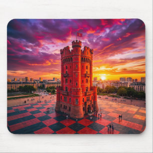 Fantasy-Rotes Schach-Turm-Gebäude auf Schachbrettm Mousepad