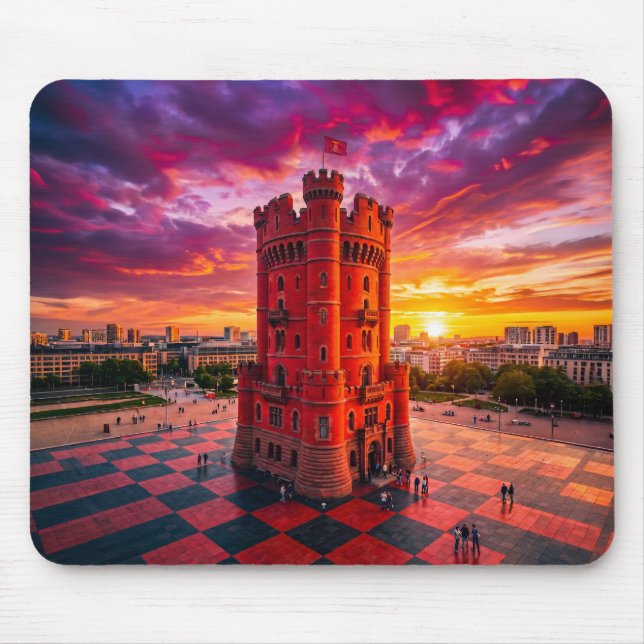 Fantasy-Rotes Schach-Turm-Gebäude auf Schachbrettm Mousepad (Vorne)