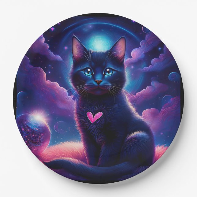 Fantasy Scene Black Kitten Beautiful Blue Eyes Pappteller (Vorderseite)