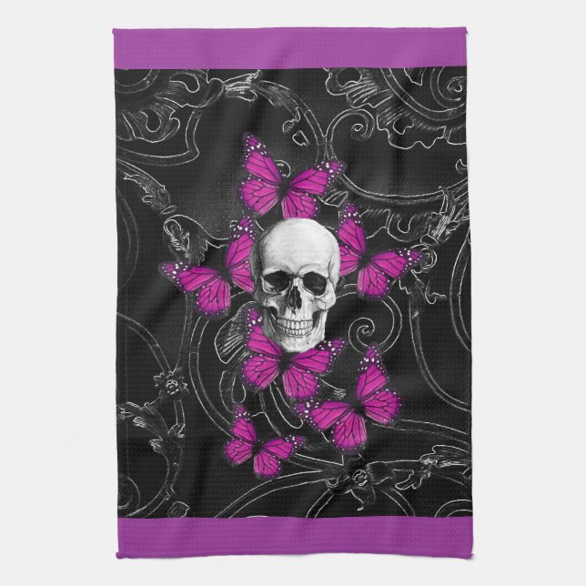 Fantasy-Schädel und heiß rosa Schmetterlinge Handtuch (Vertikal)