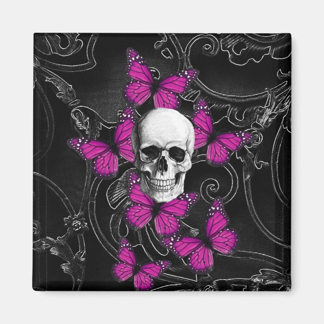 Fantasy-Schädel und heiß rosa Schmetterlinge Magnet (Vorne)