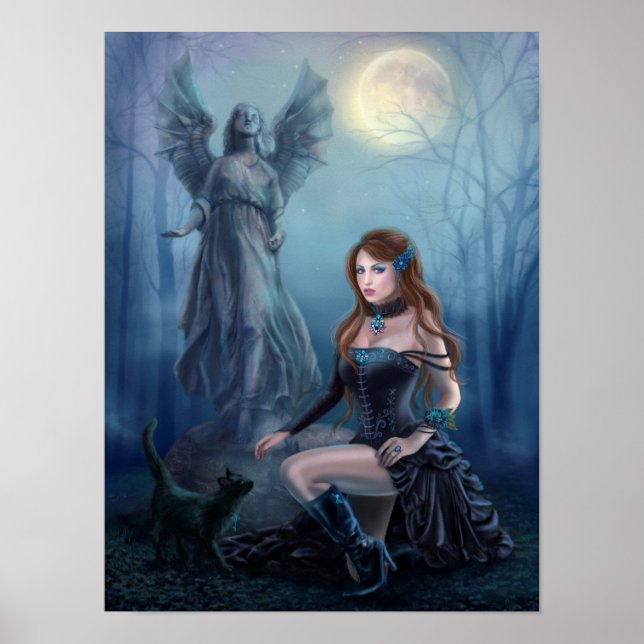 Fantasy Schöne Frau mit schwarzer Katze Poster (Vorne)