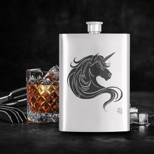Fantasy Schwarzes Stammes Einhorn Weiß Minimalisti Flachmann
