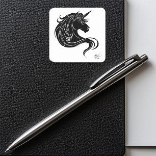 Fantasy Schwarzes Stammes Einhorn Weiß Minimalisti Quadratischer Aufkleber
