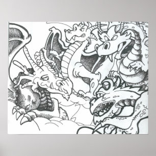 Fantasy Schwarzweiß zeichnend Drachen Poster