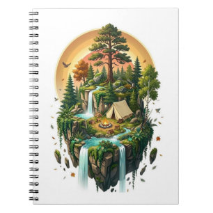 Fantasy-Schwimmende Insel Camping Wald Notizblock