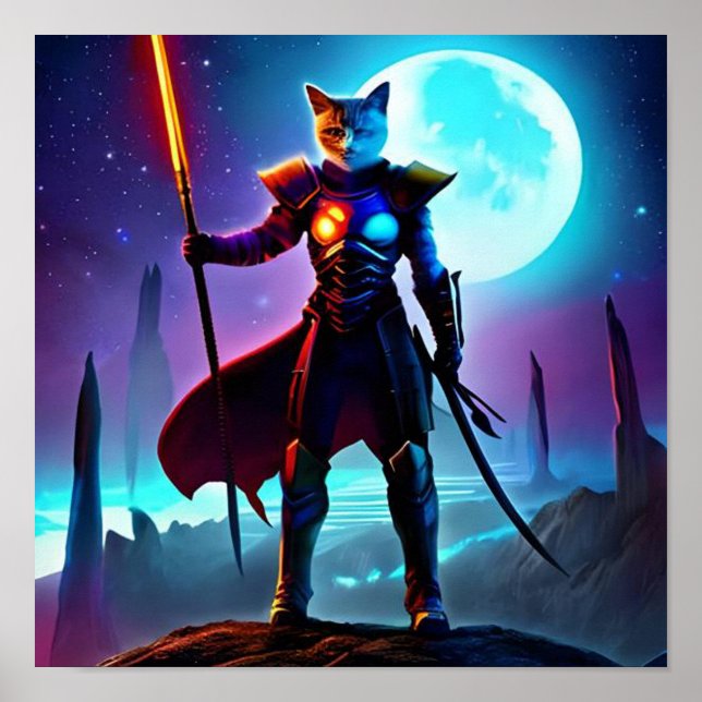 Fantasy Science Fiction Cat Warrior Digital Art Po Poster (Vorne)