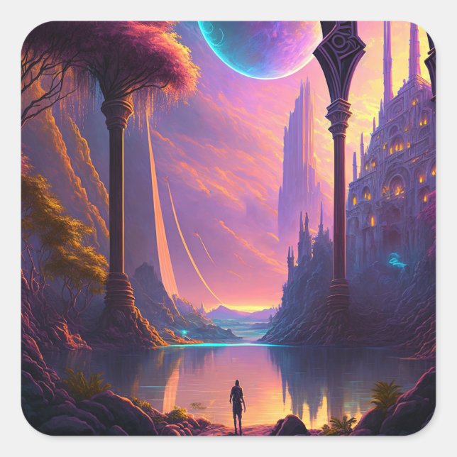 Fantasy Science Fiction Landschaft Quadratischer Aufkleber (Vorderseite)