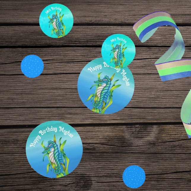 Fantasy Sea Dragon Shades Blue Seaweed Bubbles Konfetti (Fantasy sea dragon creature with seaweed on Birthday table confetti in shades of blues.)