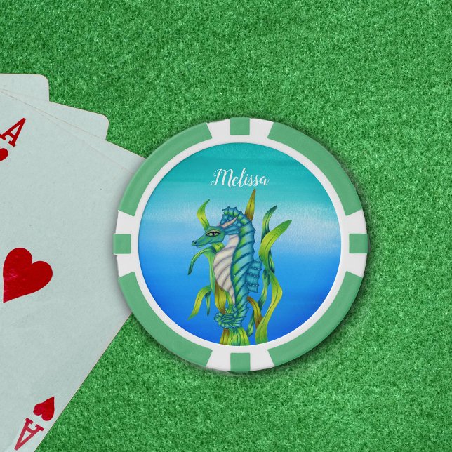 Fantasy Seepferd Aqua Blue Green Seaweed Blues Pokerchips (Fantasy seahorse aqua blue green seaweed on watery blue background poker ships.)