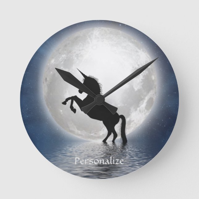 Fantasy Silhouette Einhorn im Ozean & Vollmond Runde Wanduhr (Vorderseite)