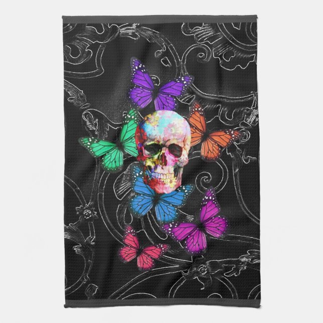Fantasy skull and colored butterflies geschirrtuch (Vertikal)