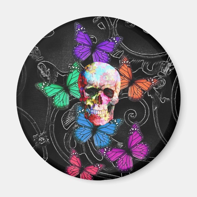 Fantasy skull and colored butterflies magnet (Vorne)