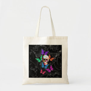 Fantasy skull and colored butterflies tragetasche