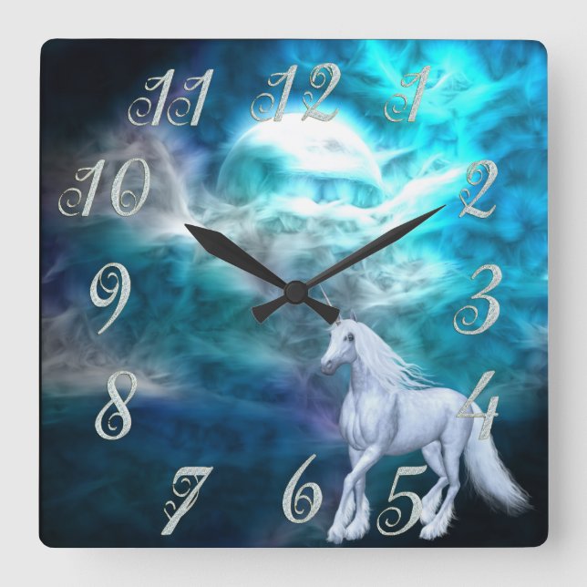 Fantasy Sky  Unicorn Wall Clock Quadratische Wanduhr (Vorderseite)