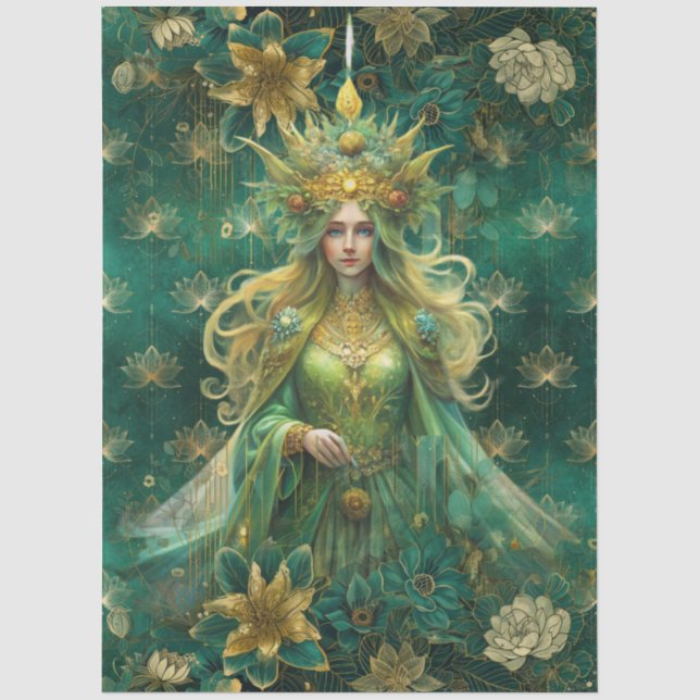 Fantasy Smaragd-Wald-Königin-Decoupage Seidenpapier (Vorderseite)