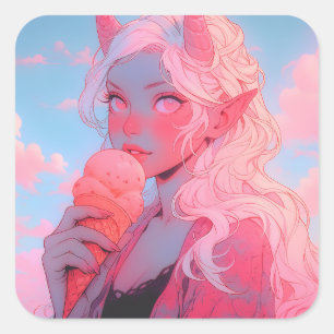 Fantasy Soft Pink Ice Cream Anime Girl Quadratischer Aufkleber