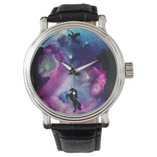 Fantasy Space Nebula Einhorn Drache Rosa Blau Armbanduhr
