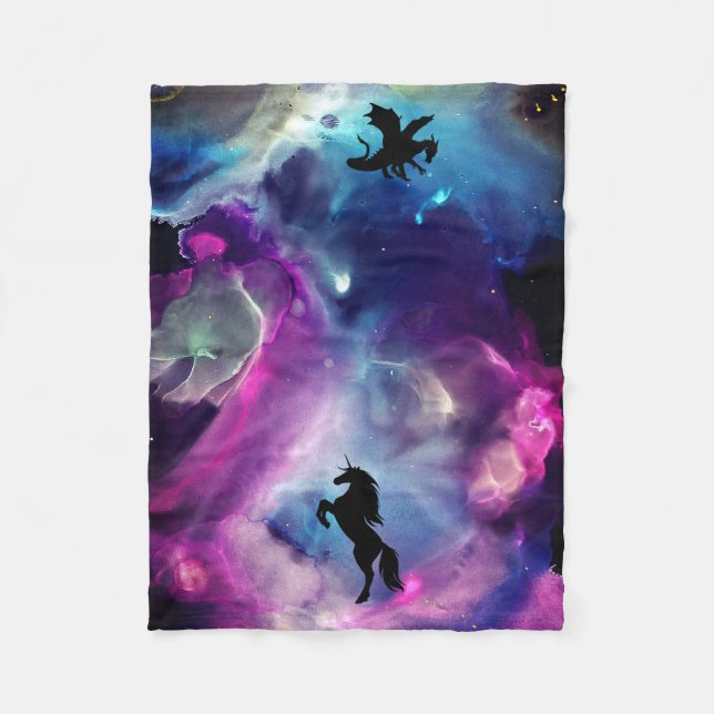 Fantasy Space Nebula Einhorn Drache Rosa Blau Fleecedecke (Vorderseite)