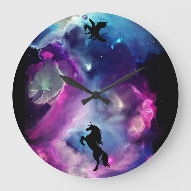 Fantasy Space Nebula Einhorn Drache Rosa Blau Große Wanduhr (Vorderseite)