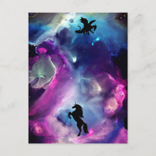 Fantasy Space Nebula Einhorn Drache Rosa Blau Postkarte