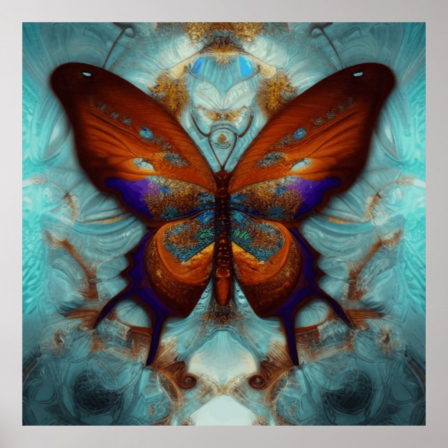 Fantasy Steampunk Orange Butterfly Aqua Poster (Vorne)