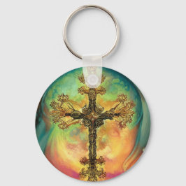 Fantasy Steampunk Verziertes Kreuz in Aqua Schlüsselanhänger