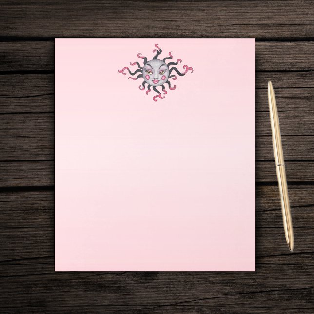 Fantasy Sun Hübsch Face Black Pink Rays Notizblock (Grey pink black sun with pretty face pink lips and fancy scrolled rays on pink paper notepad.)