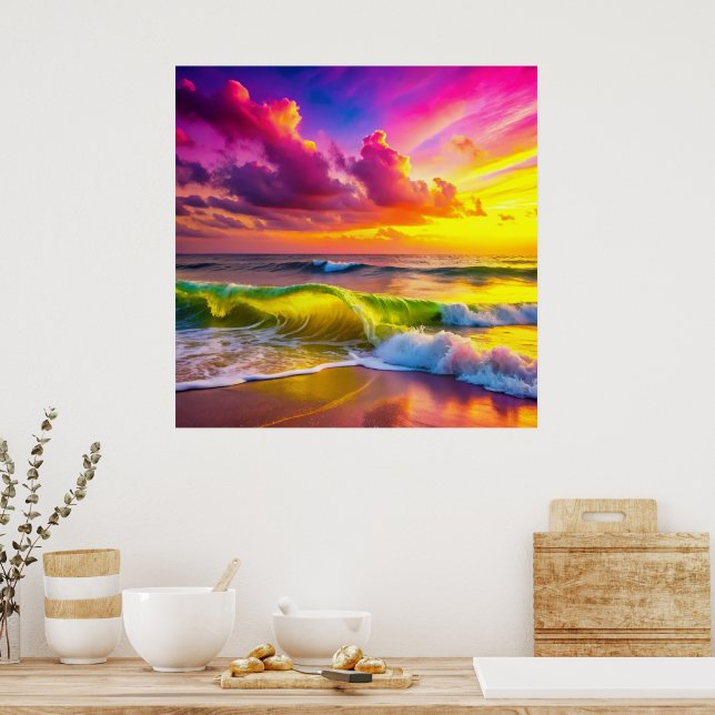 Fantasy Sunset Over Serene Lake - 3D Pastell Wall Poster (Küche)
