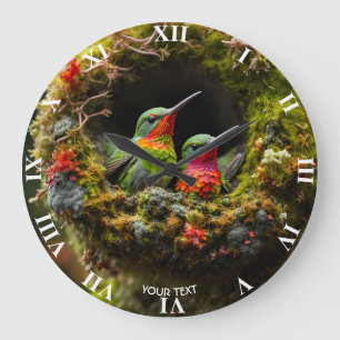 Fantasy Süß Lebendig Kolibri Nest Moos Große Wanduhr