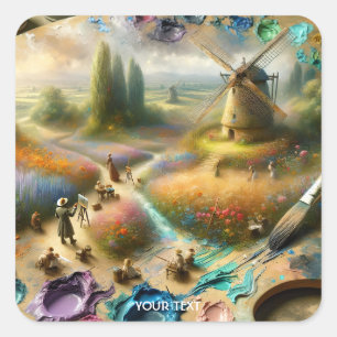 Fantasy Süße Farben Palette Pinsel Quadratischer Aufkleber
