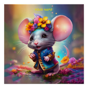 Fantasy süße Maus mit Blume Poster