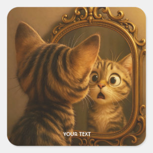 Fantasy Süße Überraschte Katze Spiegel Quadratischer Aufkleber