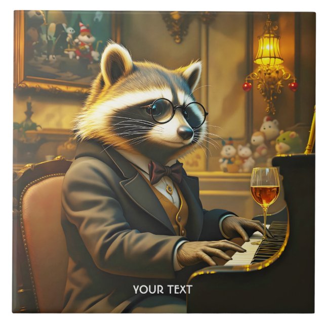 Fantasy Süßer Klavier Waschbär Spielend Fliese (Vorderseite)