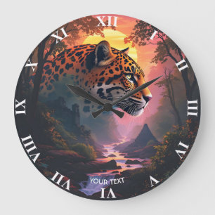 Fantasy Süßer Leopard Bei Sonnenuntergang Große Wanduhr