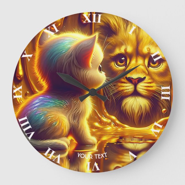 Fantasy Süßer Löwe und Kätzchen Große Wanduhr (Vorderseite)