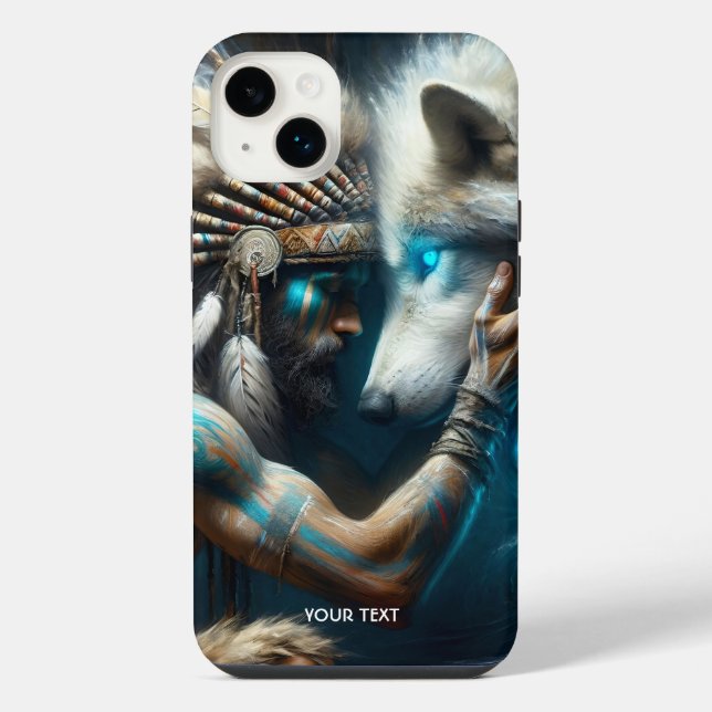 Fantasy Süßer Mann Umarmt Wolf iPhone 14 Plus Hülle (Rückseite)