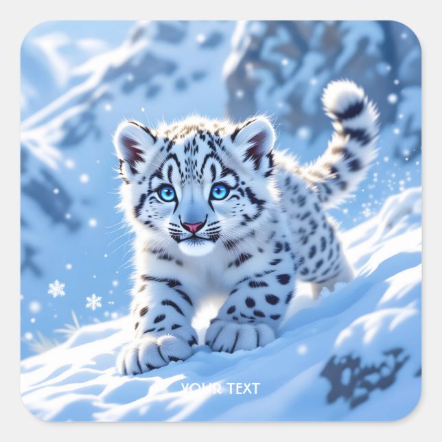 Fantasy Süßer Schneebaby Leopard Quadratischer Aufkleber (Vorderseite)
