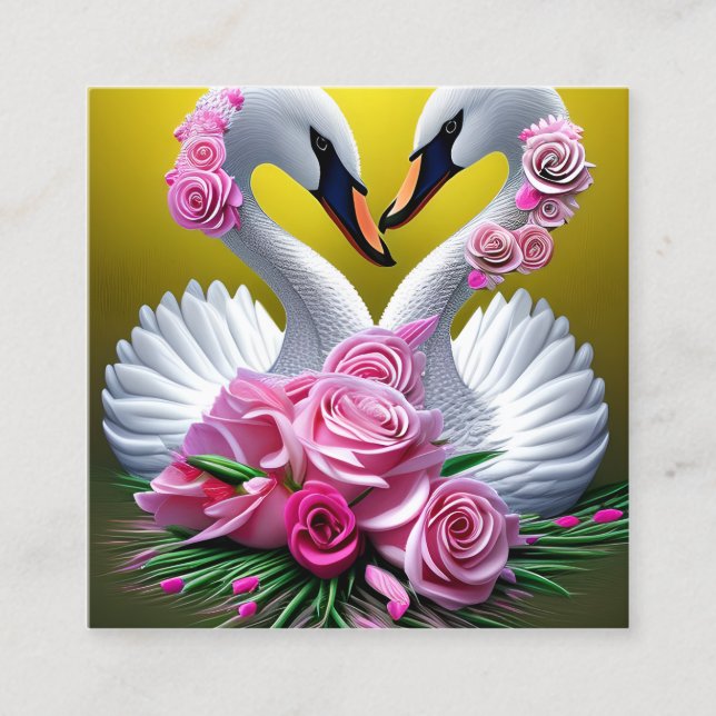 Fantasy Swan Couple Bouquet mit Blume und Herz Quadratische Visitenkarte (Vorderseite)
