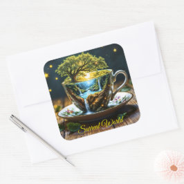 Fantasy Teacup Miniworld Wasserfälle Quadratischer Aufkleber