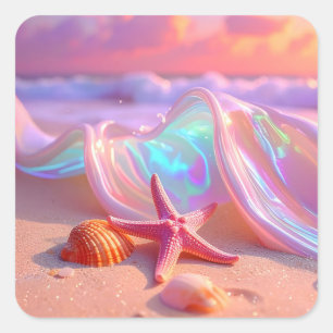 Fantasy-Traumstrand mit schönem rosa Seestern Quadratischer Aufkleber