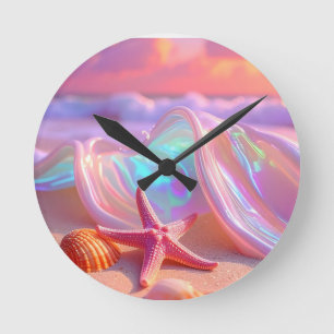 Fantasy-Traumstrand mit schöner rosa Seestern Runde Wanduhr