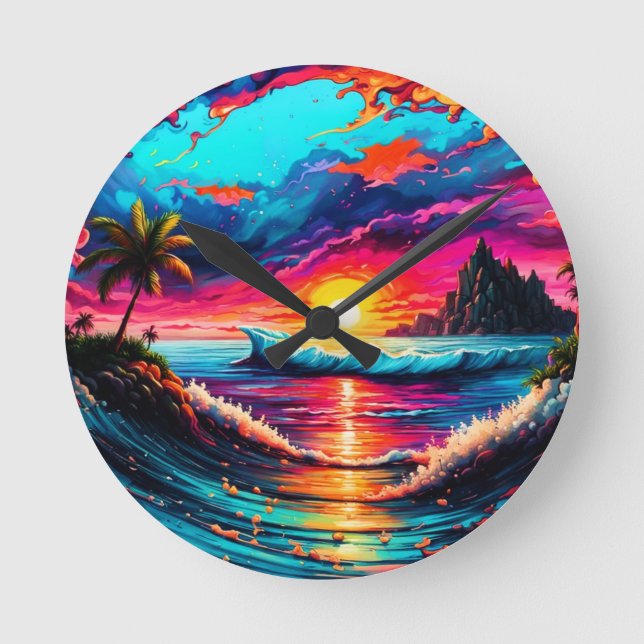 Fantasy Tropical Sunset Runde Wanduhr (Vorderseite)