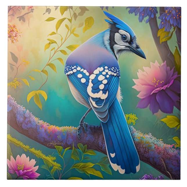 Fantasy-Vögel Blauhäher Fliese (Vorderseite)
